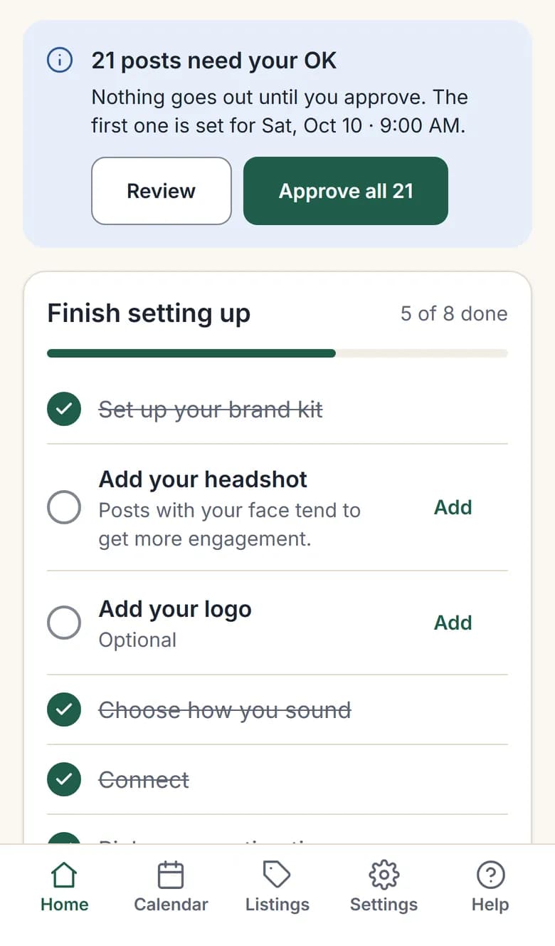 Home screen on a phone: posts waiting for your OK and the setup checklist.