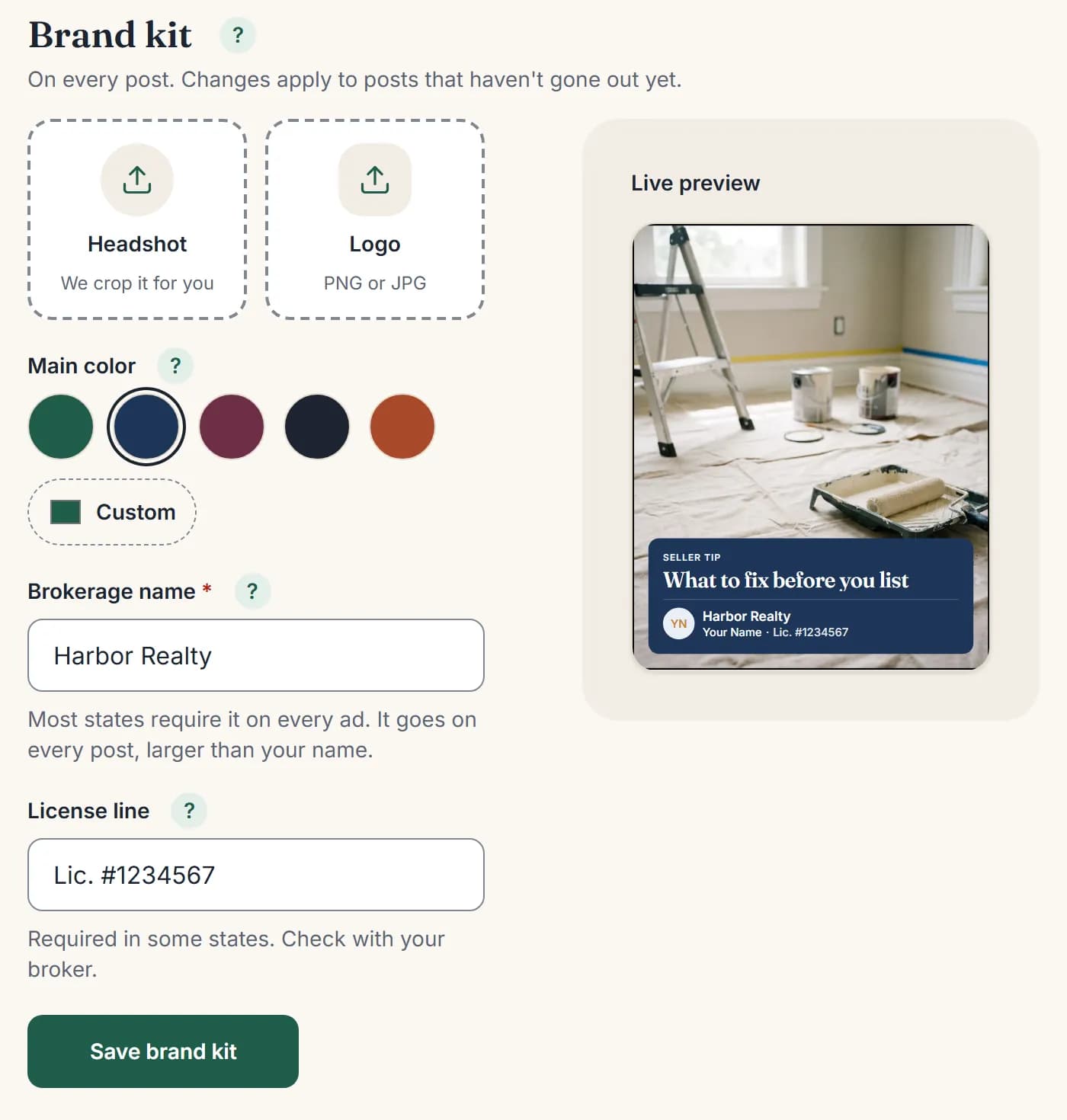 Brand kit settings: headshot and logo uploads, main color, brokerage name and license line, with a live post preview that shows the brokerage above the agent's name.