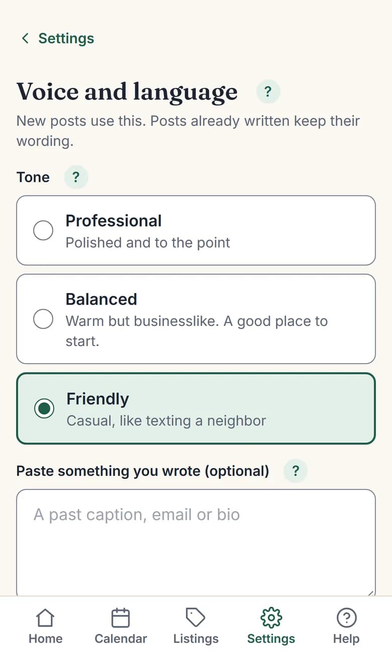 Voice and language settings on a phone: the three tone choices and a box to paste something you wrote.