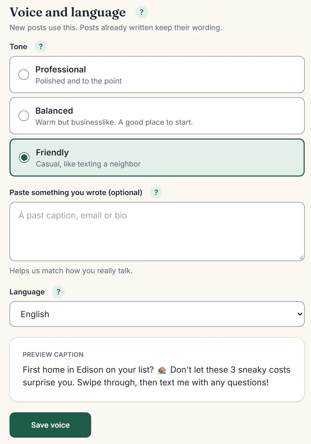 Voice and language settings: Professional, Balanced or Friendly tone, a box to paste something you wrote, the language, and a preview caption.