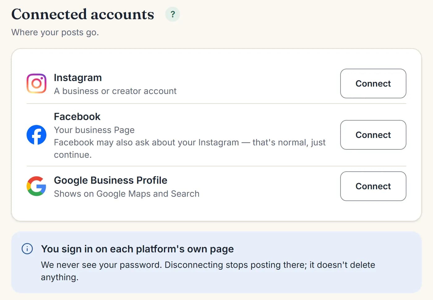 Connected accounts settings with a Connect button for Instagram, Facebook and Google Business Profile.