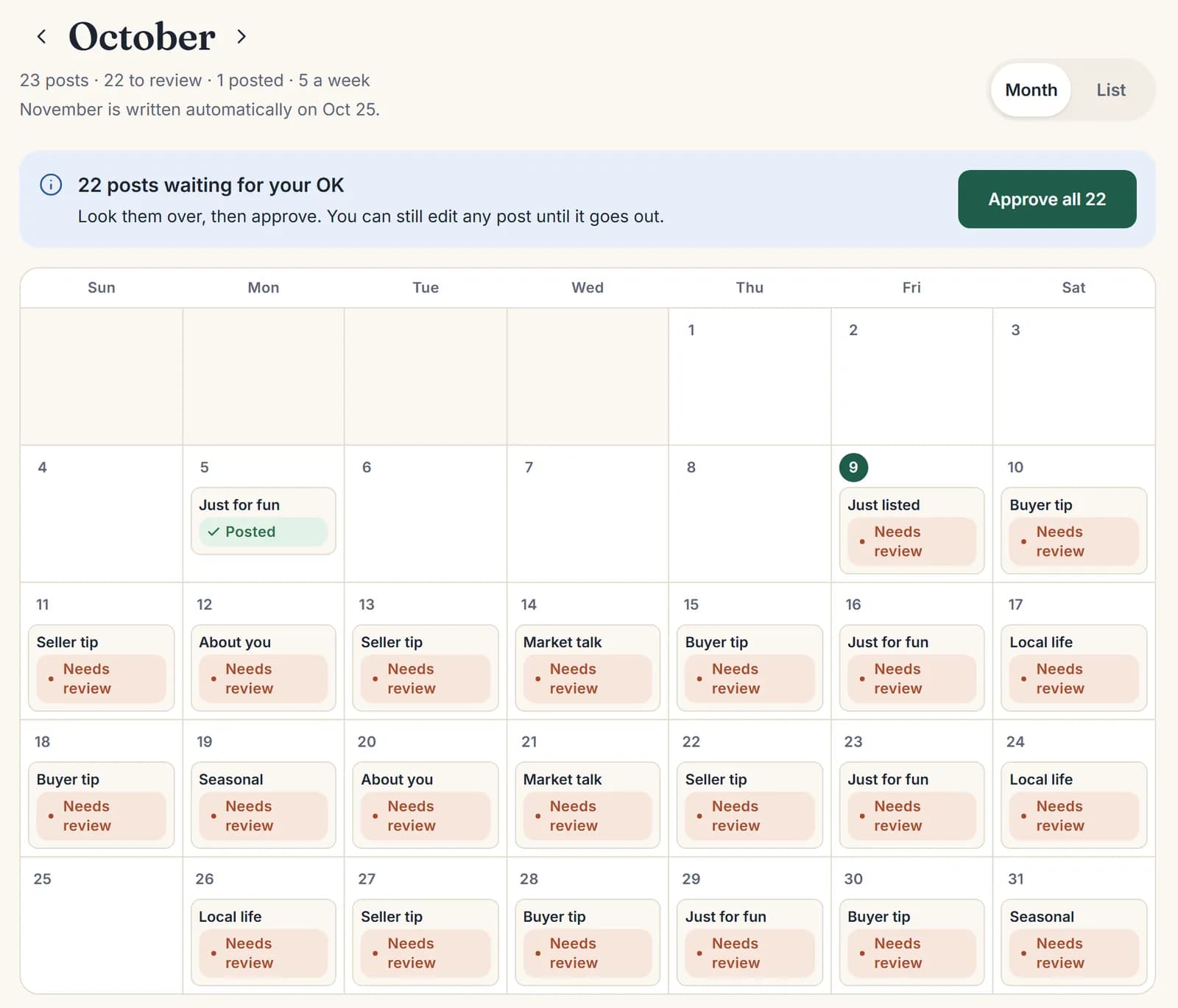 Calendar month view: a post on most days of the month, each marked Needs review, with an Approve all button.