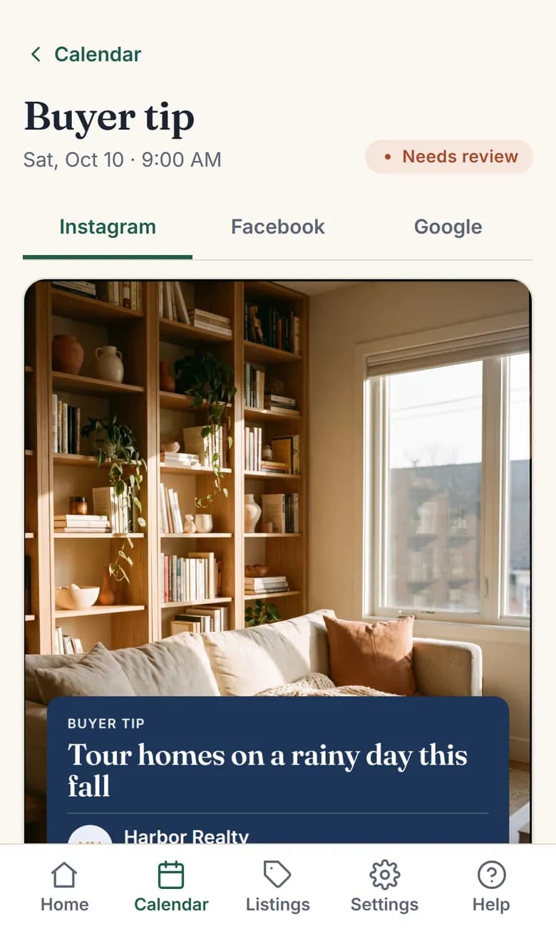 A buyer tip post open on a phone, with Instagram, Facebook and Google preview tabs above the graphic.