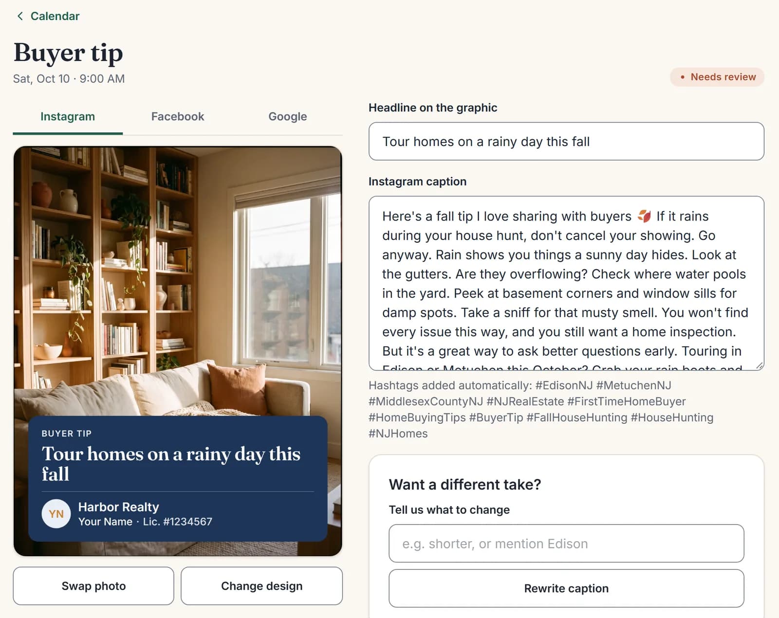 A buyer tip post open in the editor: Instagram, Facebook and Google preview tabs, the branded graphic, the caption and a box to ask for a rewrite.