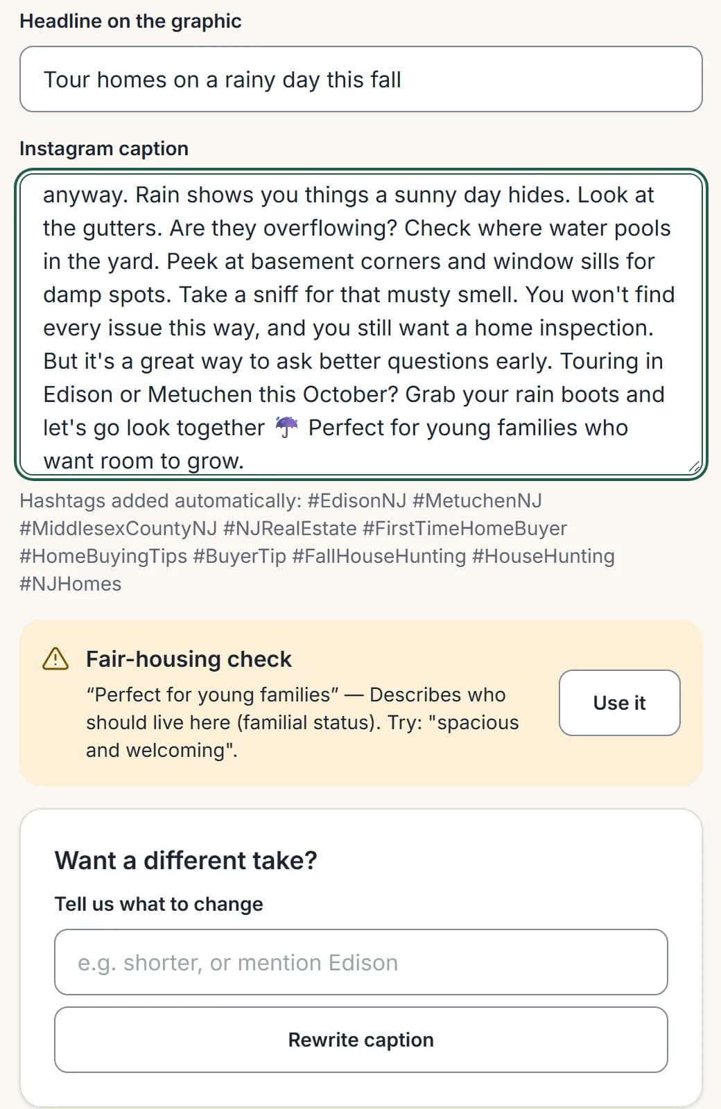 The fair-housing check flagging “Perfect for young families” in a caption and suggesting “spacious and welcoming”, with a Use it button and a box to ask for a rewrite.