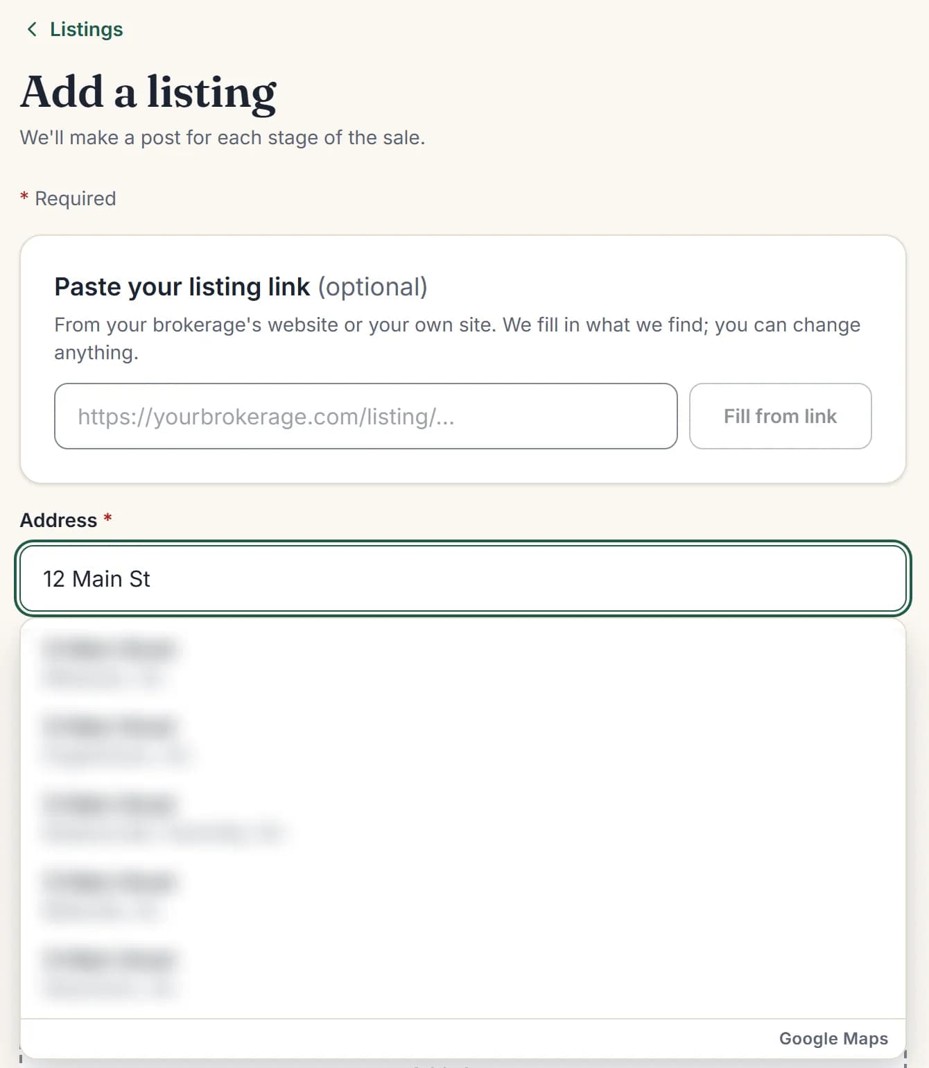 Add a listing: the address box open with a list of matching address suggestions (blurred here).