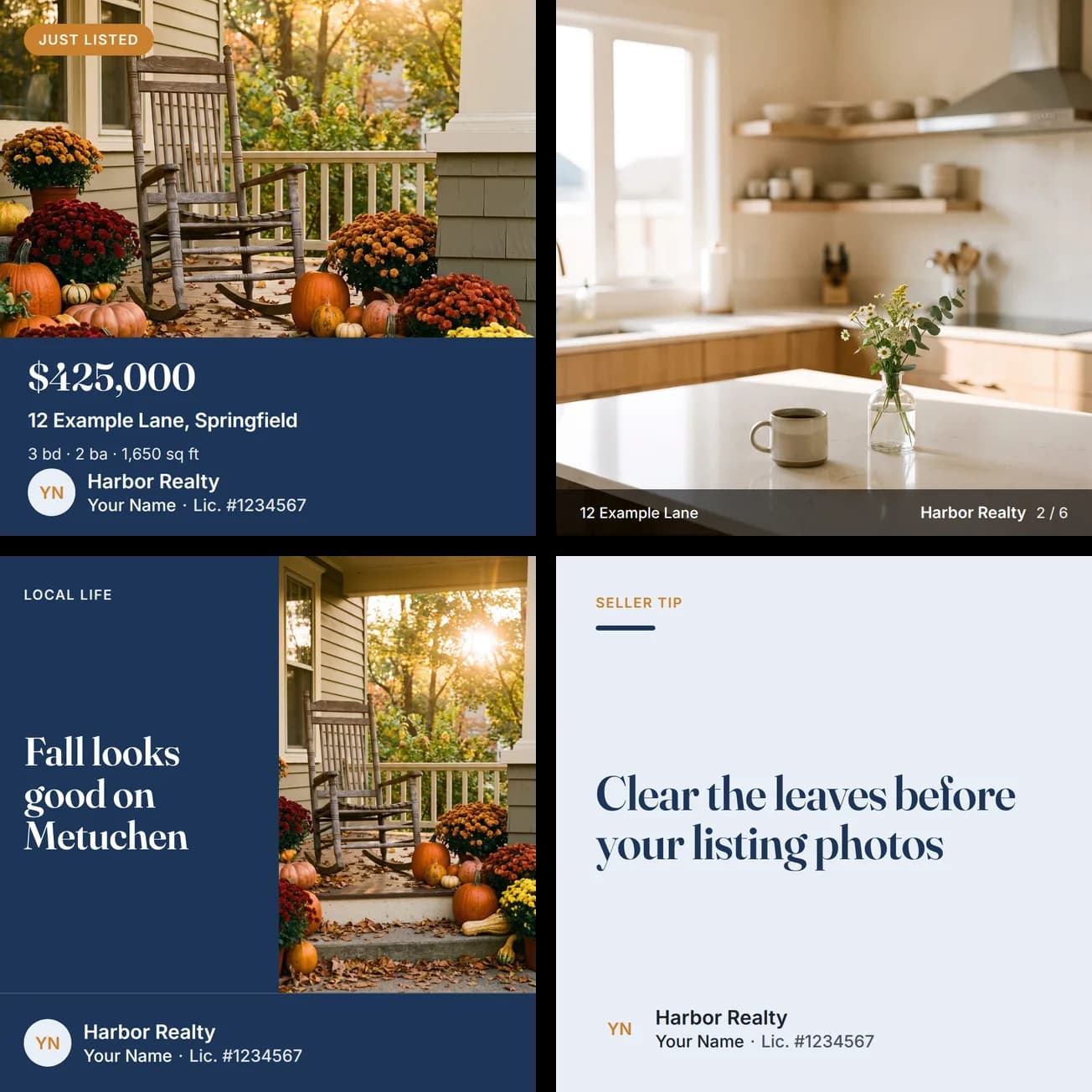 Four finished post graphics: a Just Listed carousel cover with price and address, a carousel photo slide, a local-life post and a seller tip. Each shows the brokerage name above the agent's name.