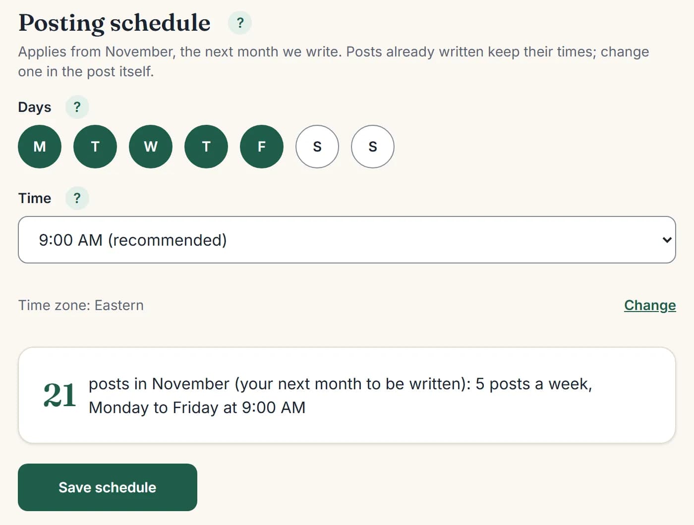 Posting schedule settings: Monday to Friday selected, 9:00 AM recommended, and a summary of next month's posts.