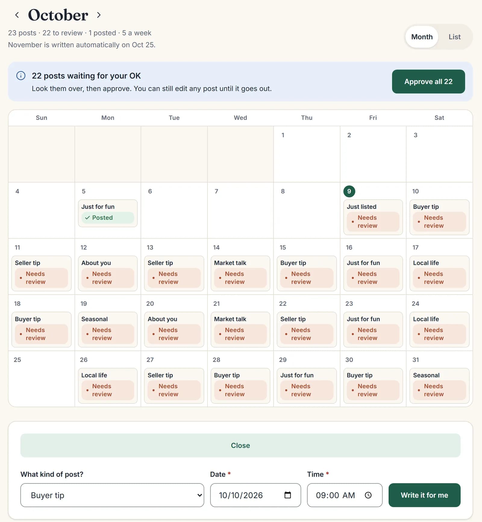 Calendar with the Add a post panel open: pick the kind of post, a date and a time, then Write it for me.